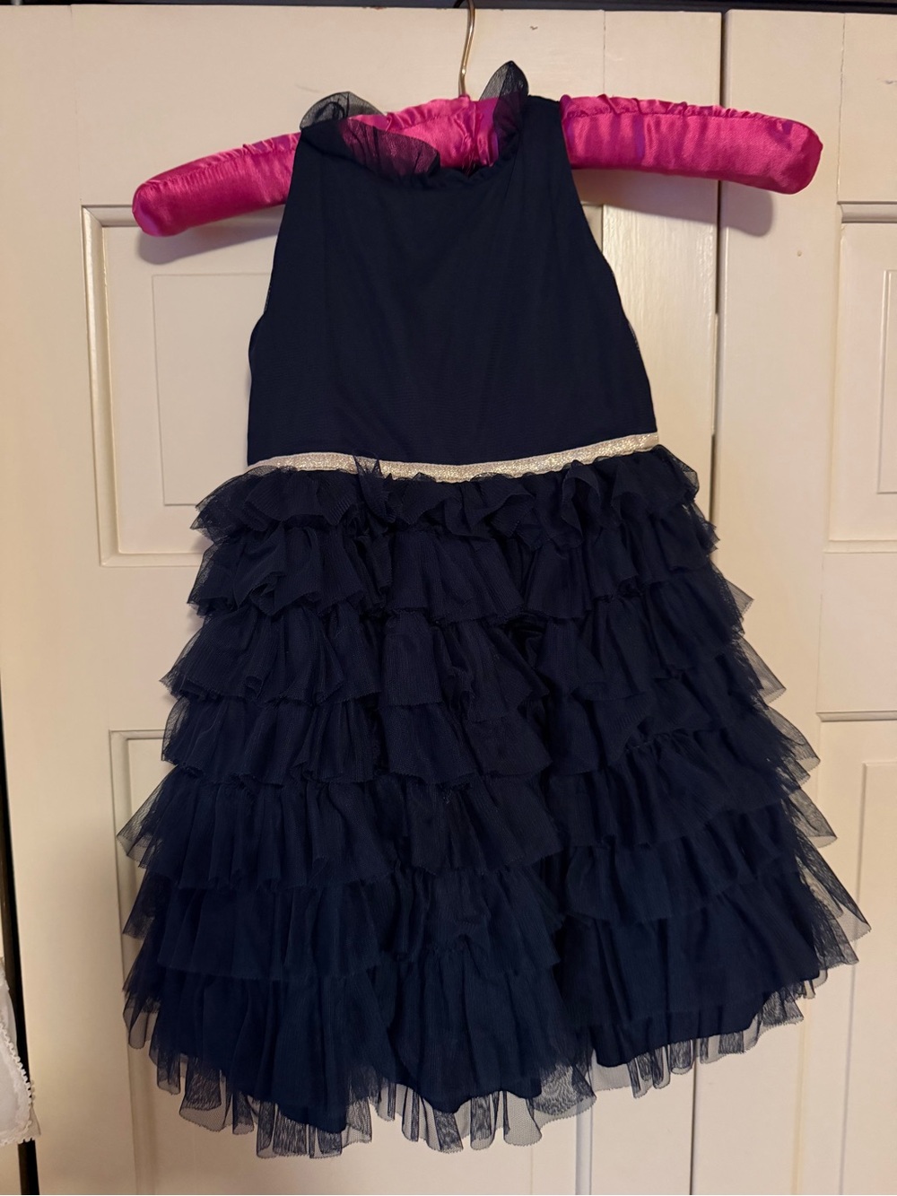 Janie and Jack Navy Tulle Tiered Ruffle Dress with Silver Waist Trim